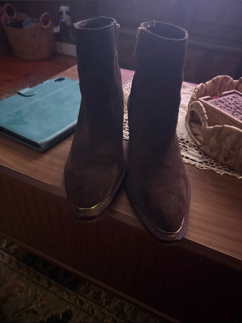 Vince Camuto Brown Suede Ankle Boots with Gold Toe Accent